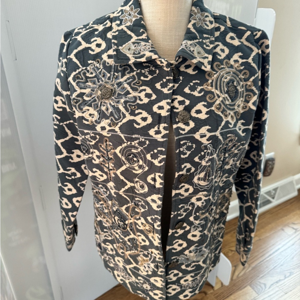 Indigo Moon‎ women’s size small Jacket Embroidered Jacket Boho Art blue Cream